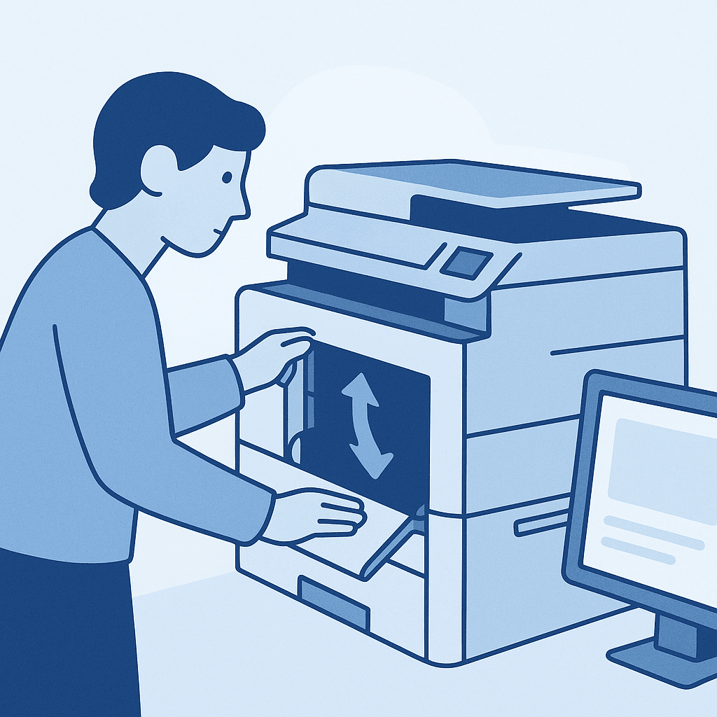 A person opening the access panel of a printer to access the paper path.