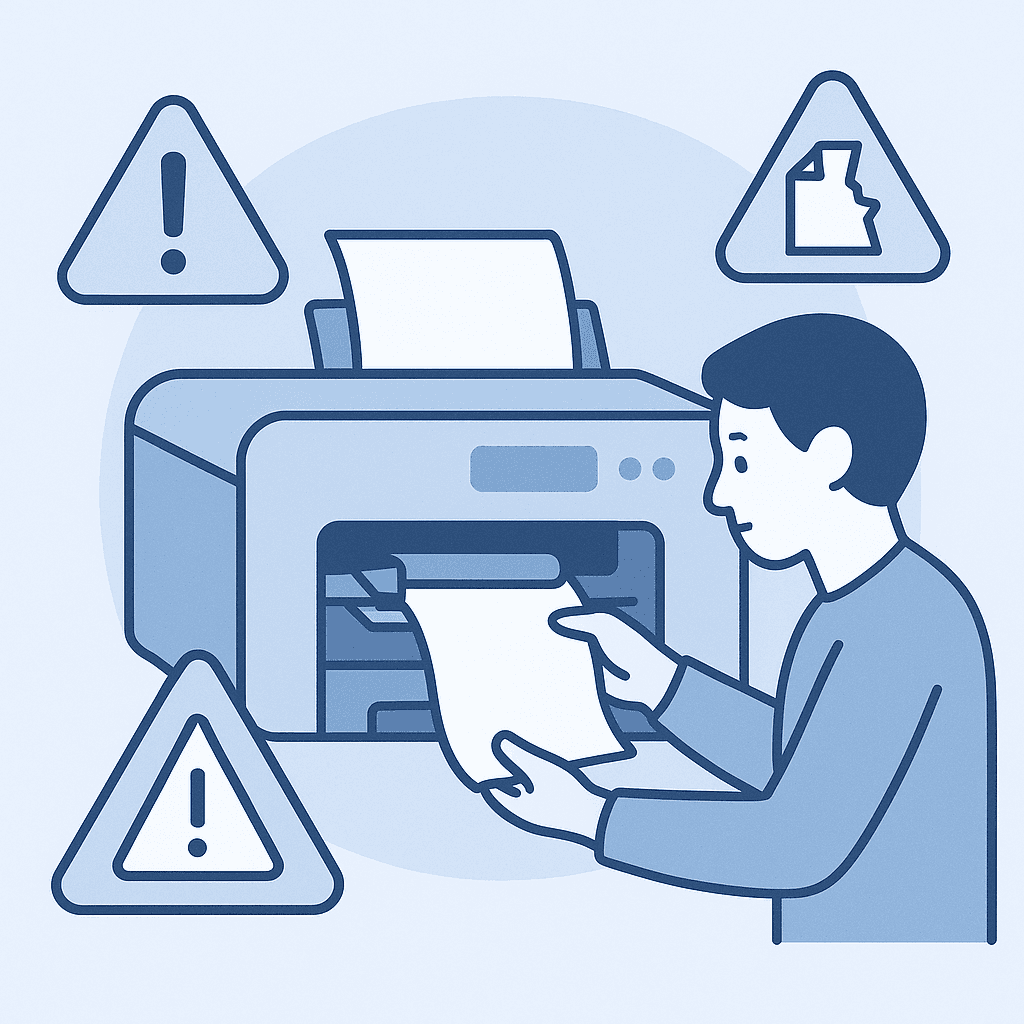 A person carefully removing jammed paper from a printer, checking for torn pieces.