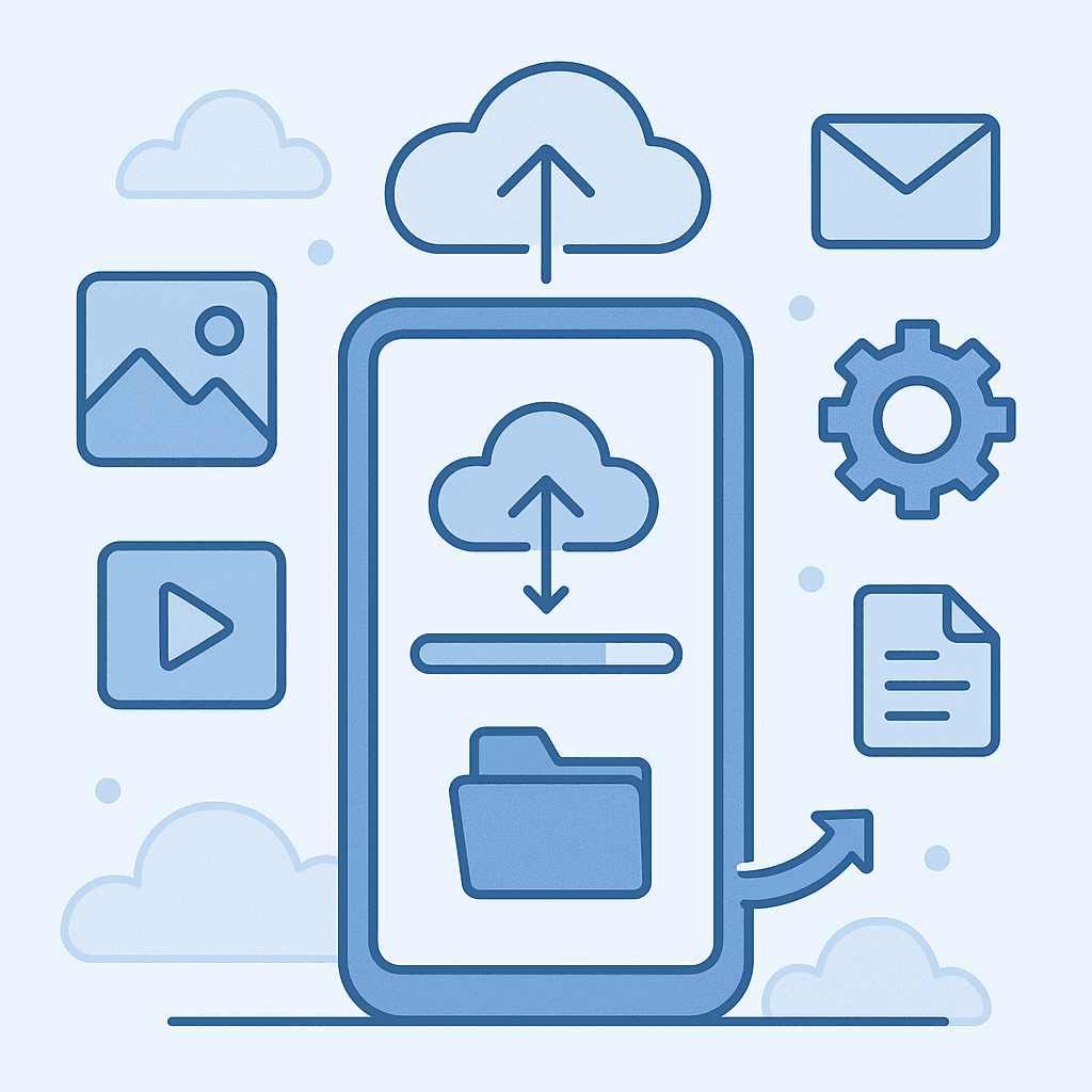 Illustratie van een telefoon met apps en cloudopslag.