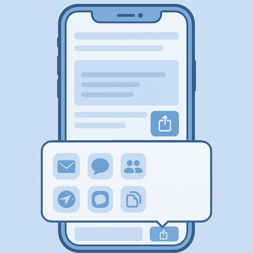 iPhone screen displaying the Share menu with the Share icon highlighted.